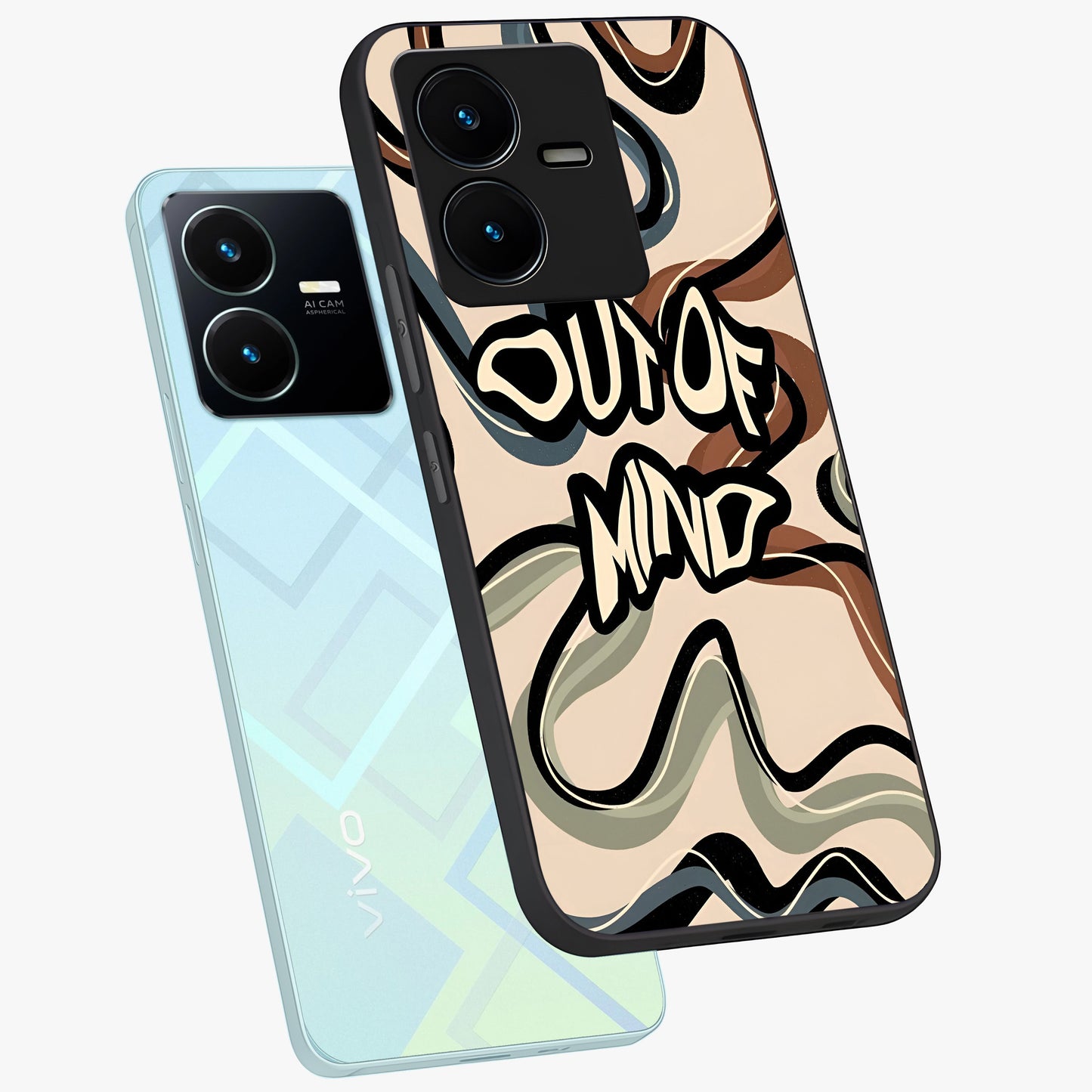 Out Of Mind Glass Case displayed in angled mockup highlighting bold statement design with modern artistic aesthetic.