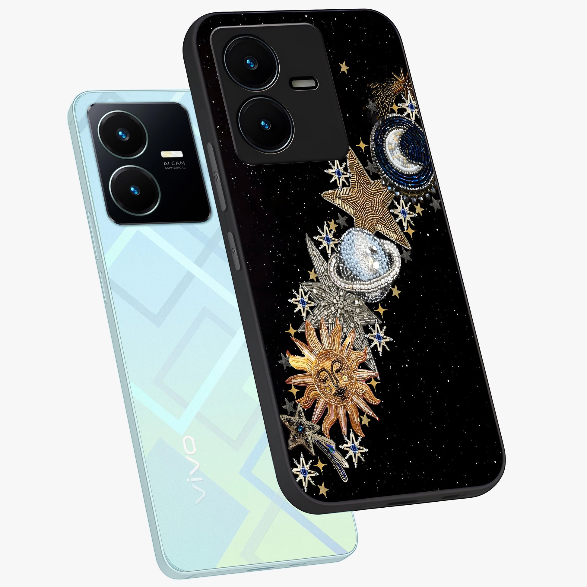Pearls Universe Object Glass Case displayed in angled mockup highlighting celestial pearl design with dreamy aesthetic.