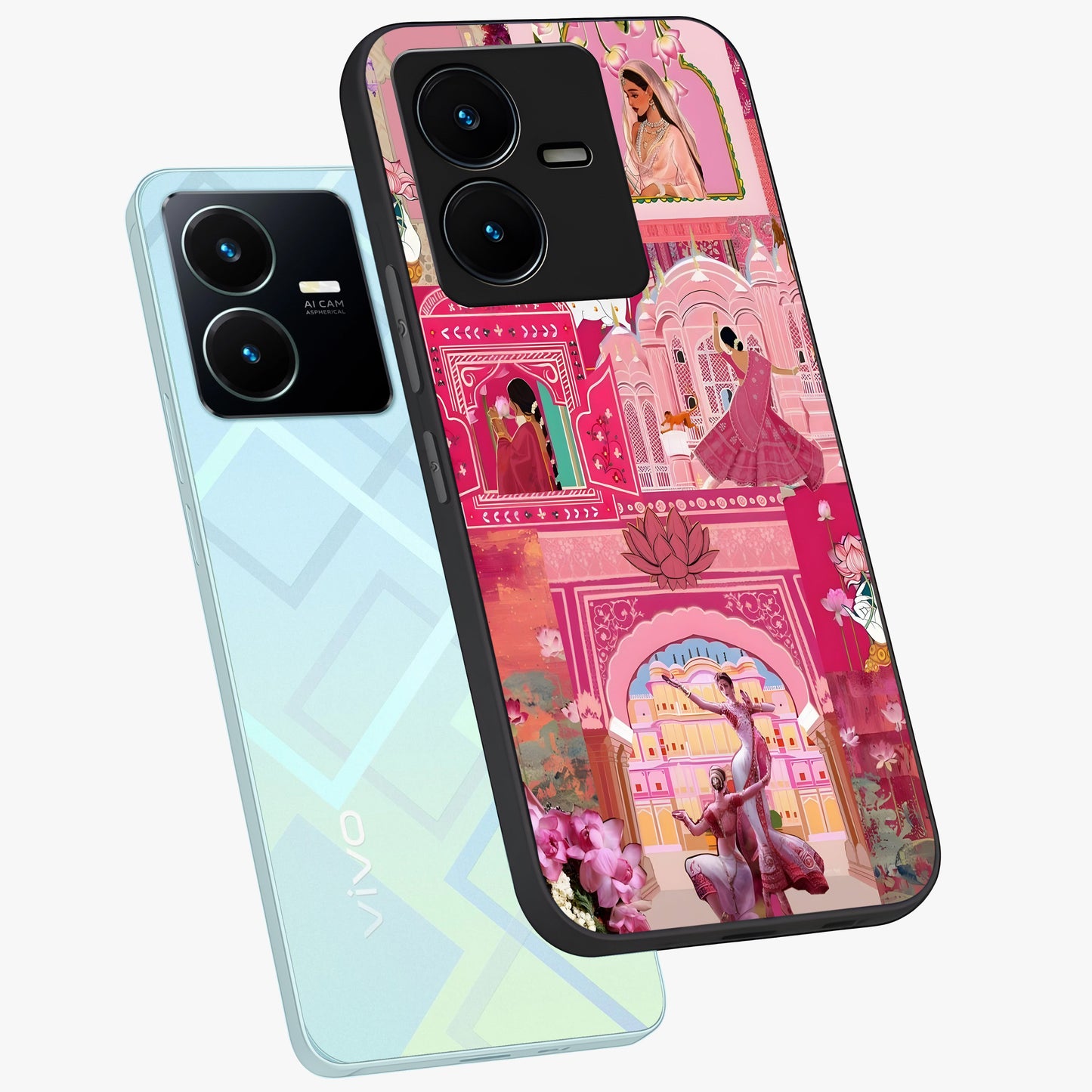 Pink Palace Muse Glass Case displayed in angled mockup highlighting dreamy palace illustration with soft pink aesthetic.