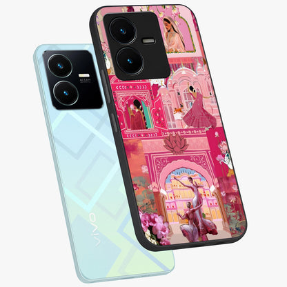 Pink Palace Muse Glass Case displayed in angled mockup highlighting dreamy palace illustration with soft pink aesthetic.