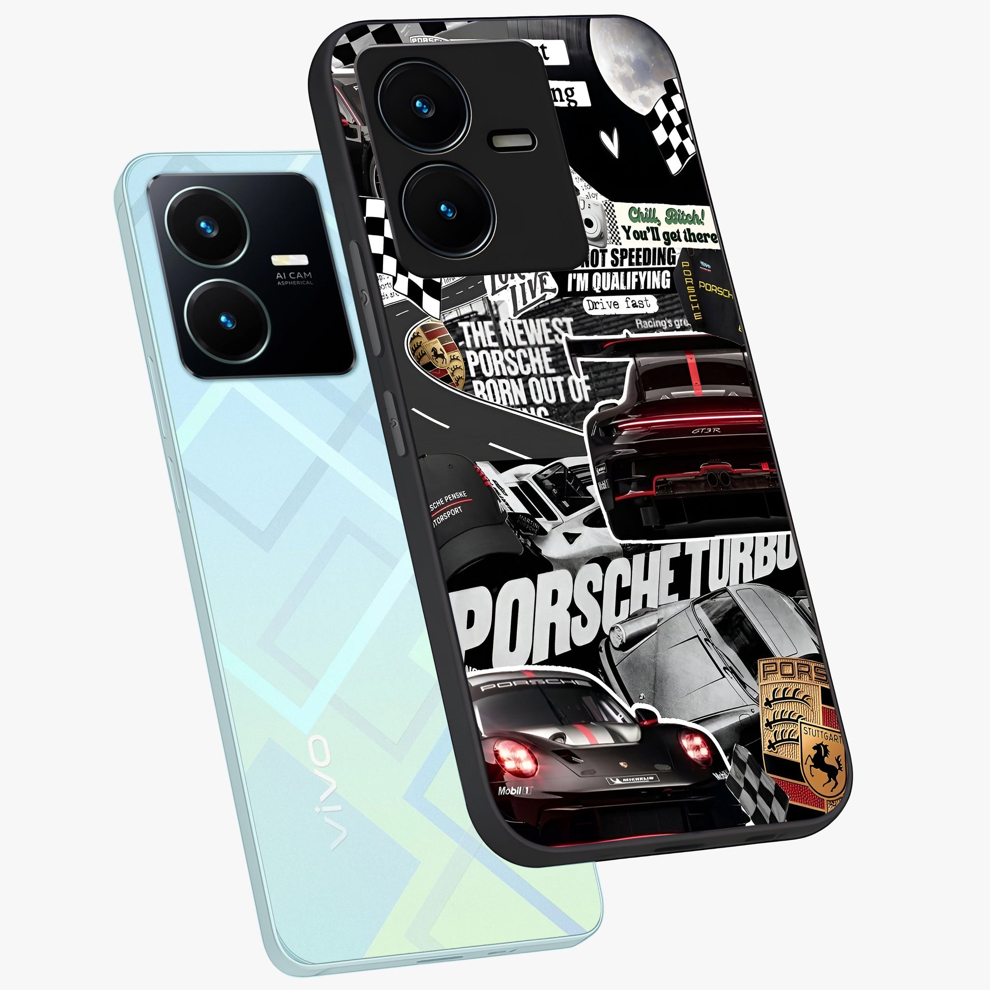 Porsche Racing Collage Glass Case displayed in angled mockup highlighting dynamic automotive design with bold racing aesthetic.