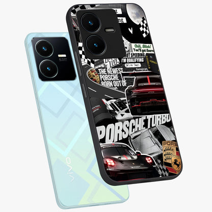 Porsche Racing Collage Glass Case displayed in angled mockup highlighting dynamic automotive design with bold racing aesthetic.