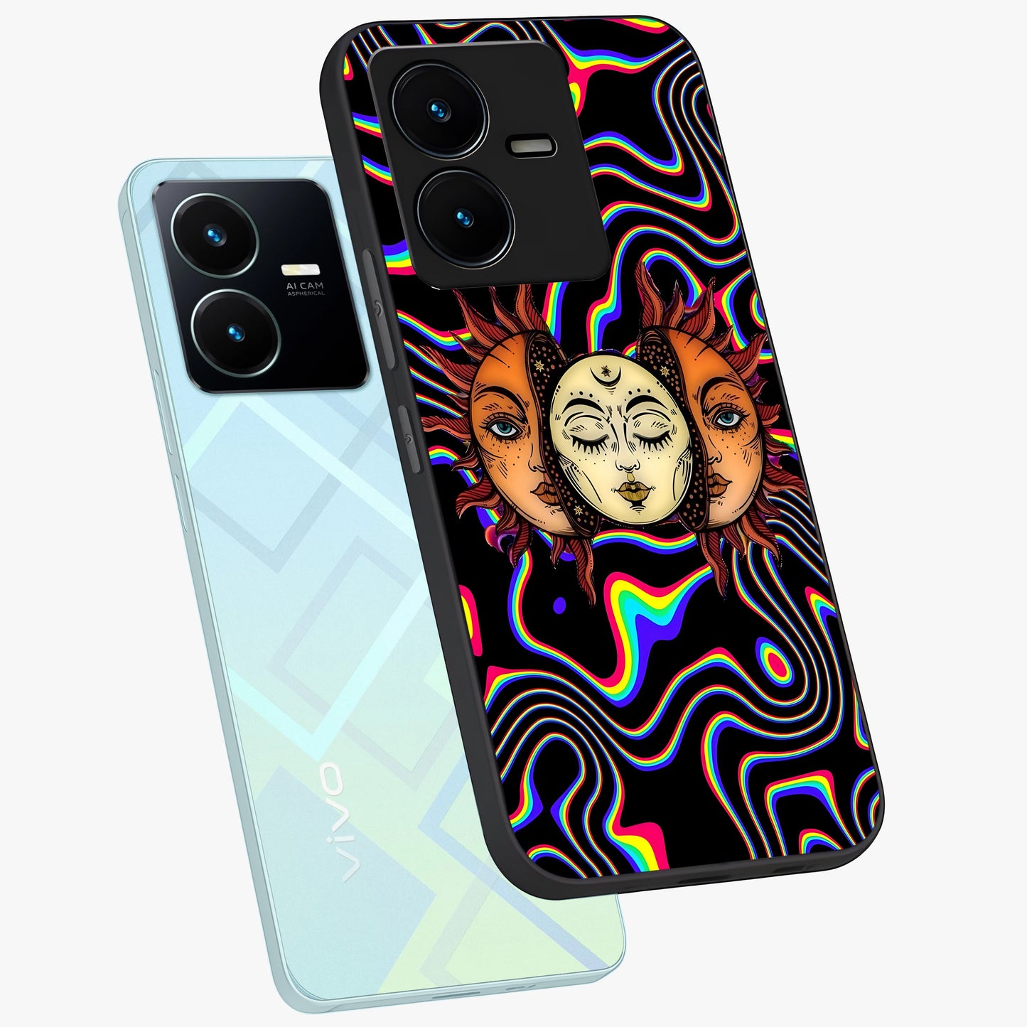 Psychedelic Sun Glass Case displayed in angled mockup highlighting vibrant abstract sun design with artistic aesthetic style.