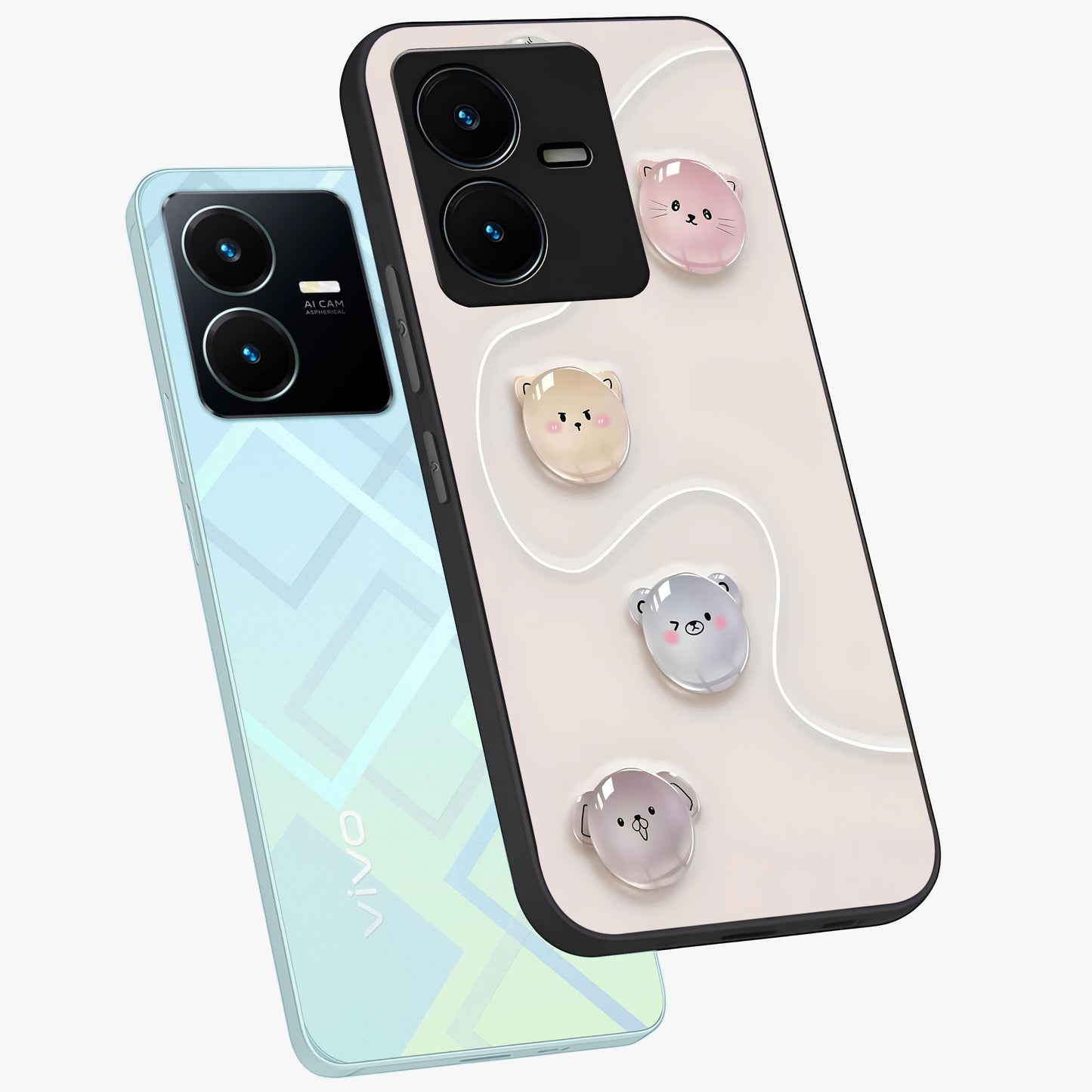 Puffy Face Parade Glass Case displayed in angled mockup highlighting playful cartoon face design with fun aesthetic.