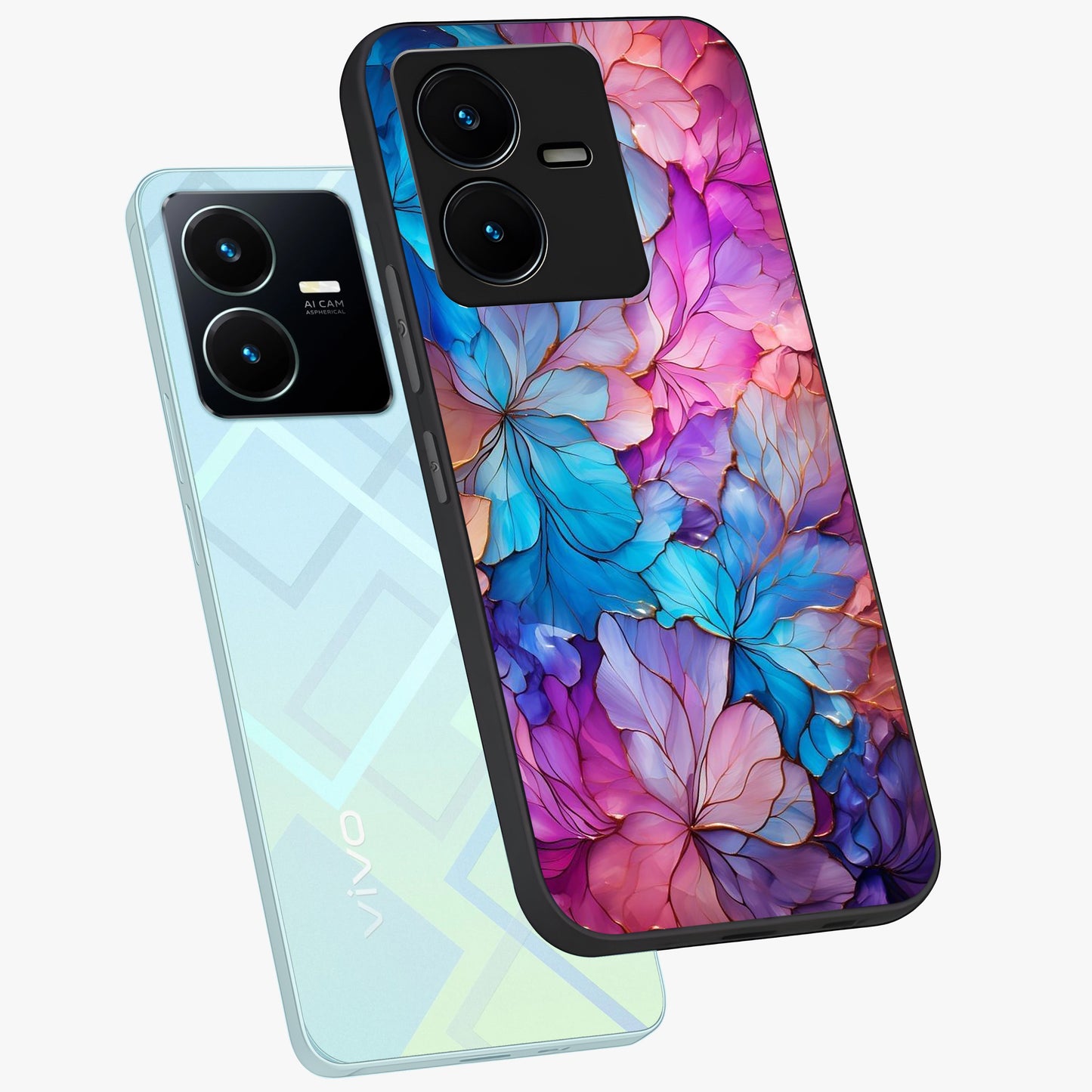 Radiant Floral Whirl Glass Case displayed in angled mockup highlighting vibrant flower pattern with dynamic artistic aesthetic.