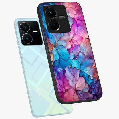 Radiant Floral Whirl Glass Case displayed in angled mockup highlighting vibrant flower pattern with dynamic artistic aesthetic.