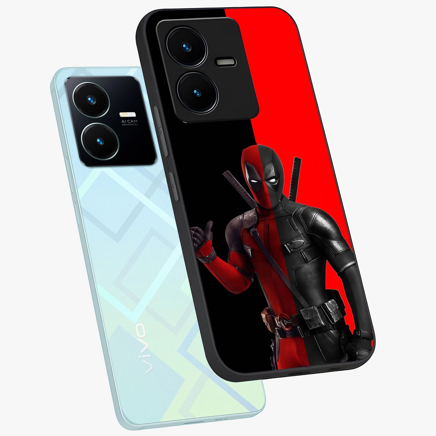 Red & Black Deadpool Theme Glass Case displayed in angled mockup highlighting vibrant superhero style illustration with action aesthetic.