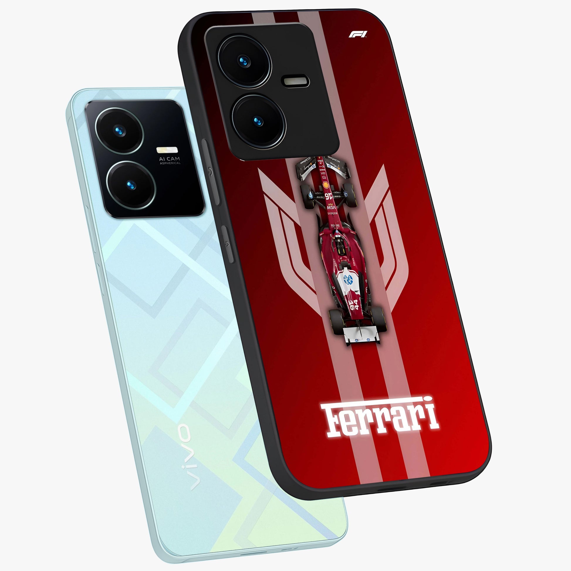 Red Ferrari F1 Vertical Glass Case displayed in angled mockup highlighting high speed racing design with bold automotive aesthetic.