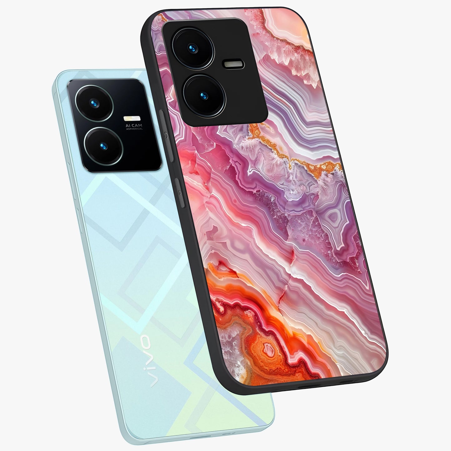 Rose Quartz Marble Glass Case displayed in angled mockup highlighting elegant marble pattern with soft aesthetic style.