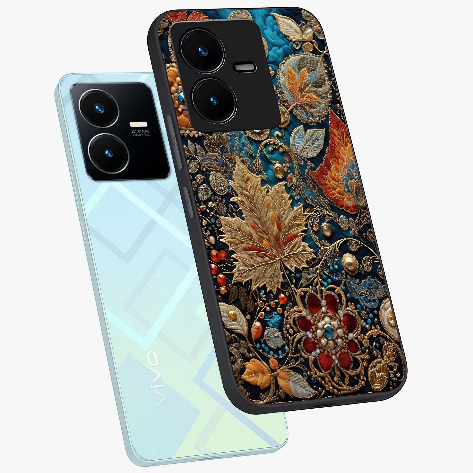 Royal Jewel Garden Glass Case displayed in angled mockup highlighting vibrant jewel inspired floral design with elegant aesthetic.