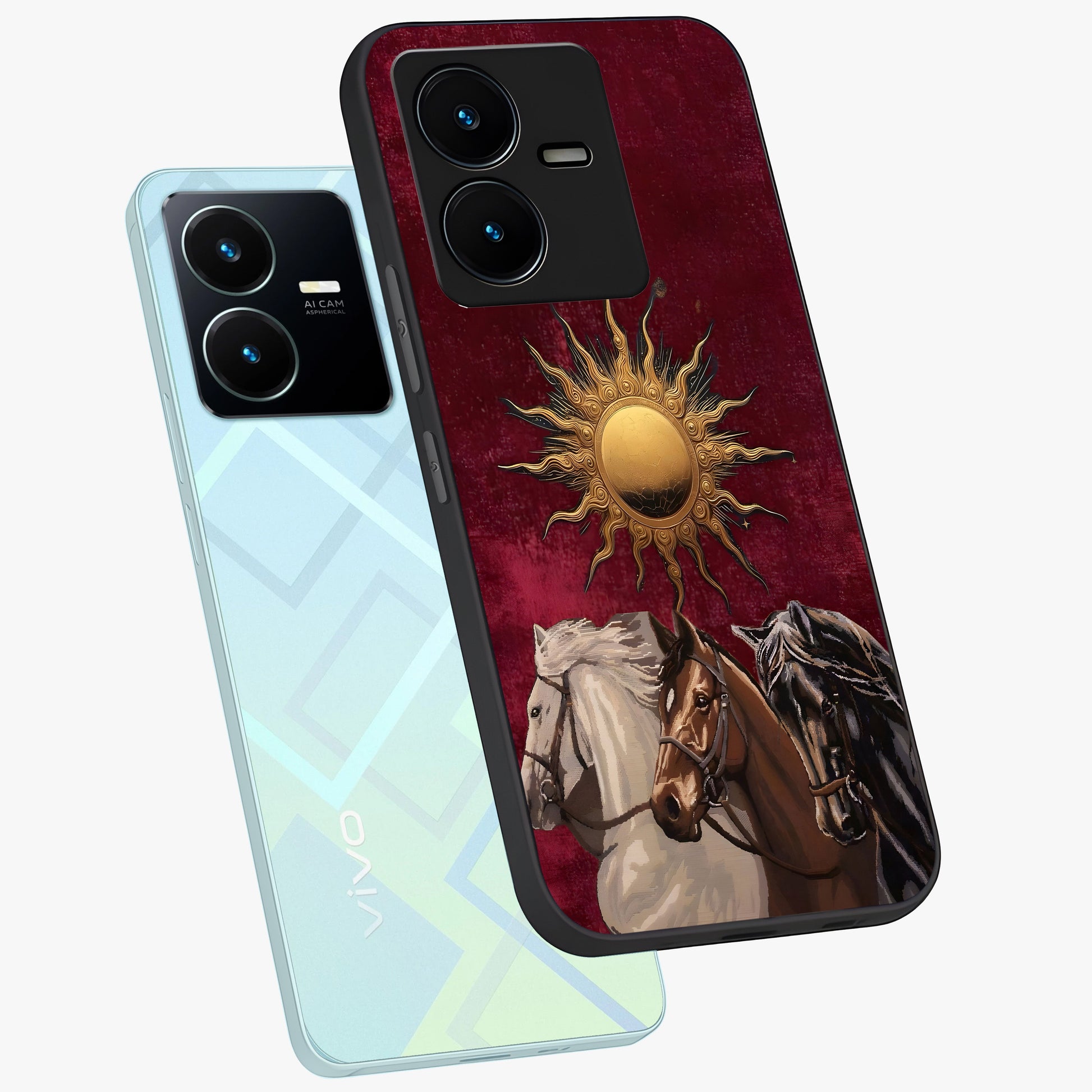 Solar Riders Glass Case displayed in angled mockup highlighting powerful rider illustration with radiant solar aesthetic.