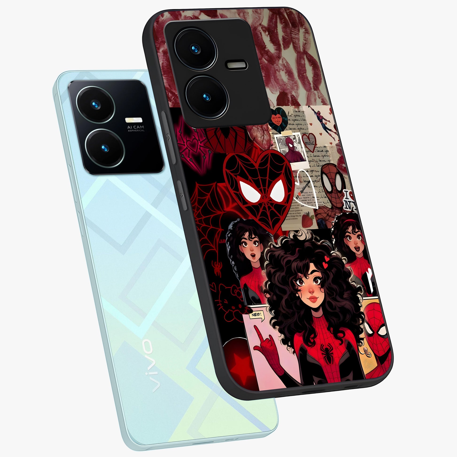 Spider Love Story Glass Case displayed in angled mockup highlighting expressive comic inspired design with playful aesthetic.