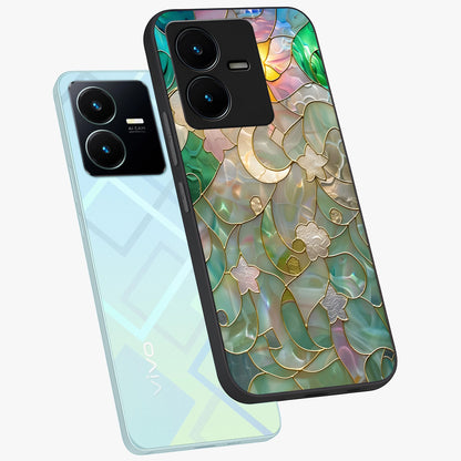 Stained Sunrise Glow Glass Case displayed in angled mockup highlighting radiant sunrise design with artistic aesthetic style.