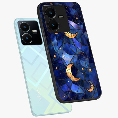 Starlit Sky Tapestry Glass Case displayed in angled mockup highlighting celestial night pattern with artistic aesthetic style.