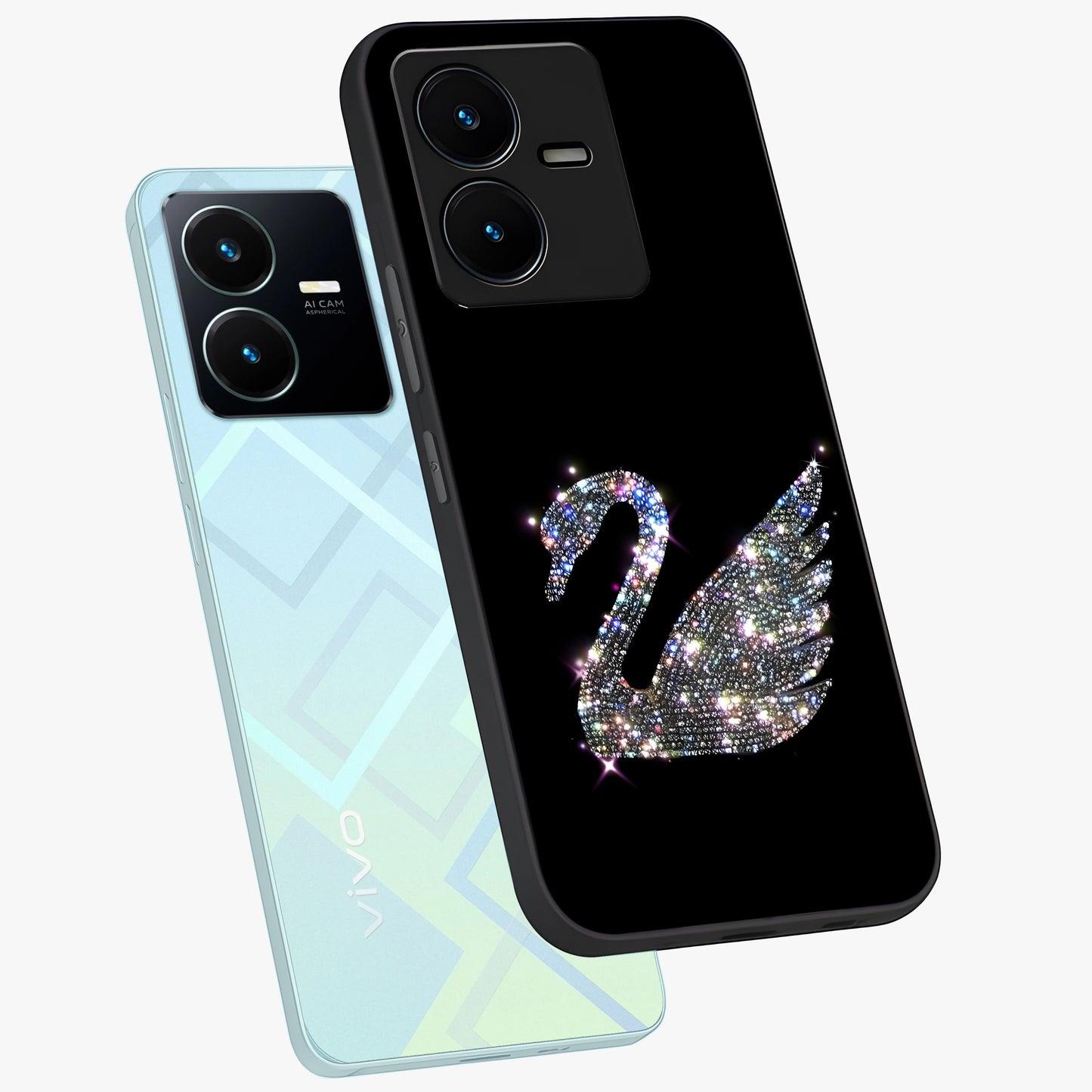 Starlit Swan Grace Glass Case displayed in angled mockup highlighting elegant swan illustration with dreamy celestial aesthetic.