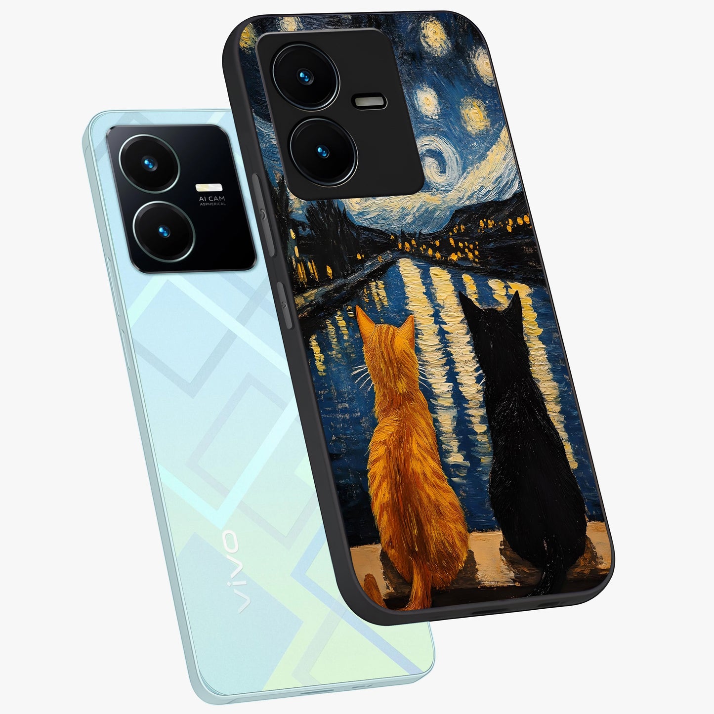 Starry River Cats Glass Case displayed in angled mockup highlighting charming feline illustration with dreamy night aesthetic.