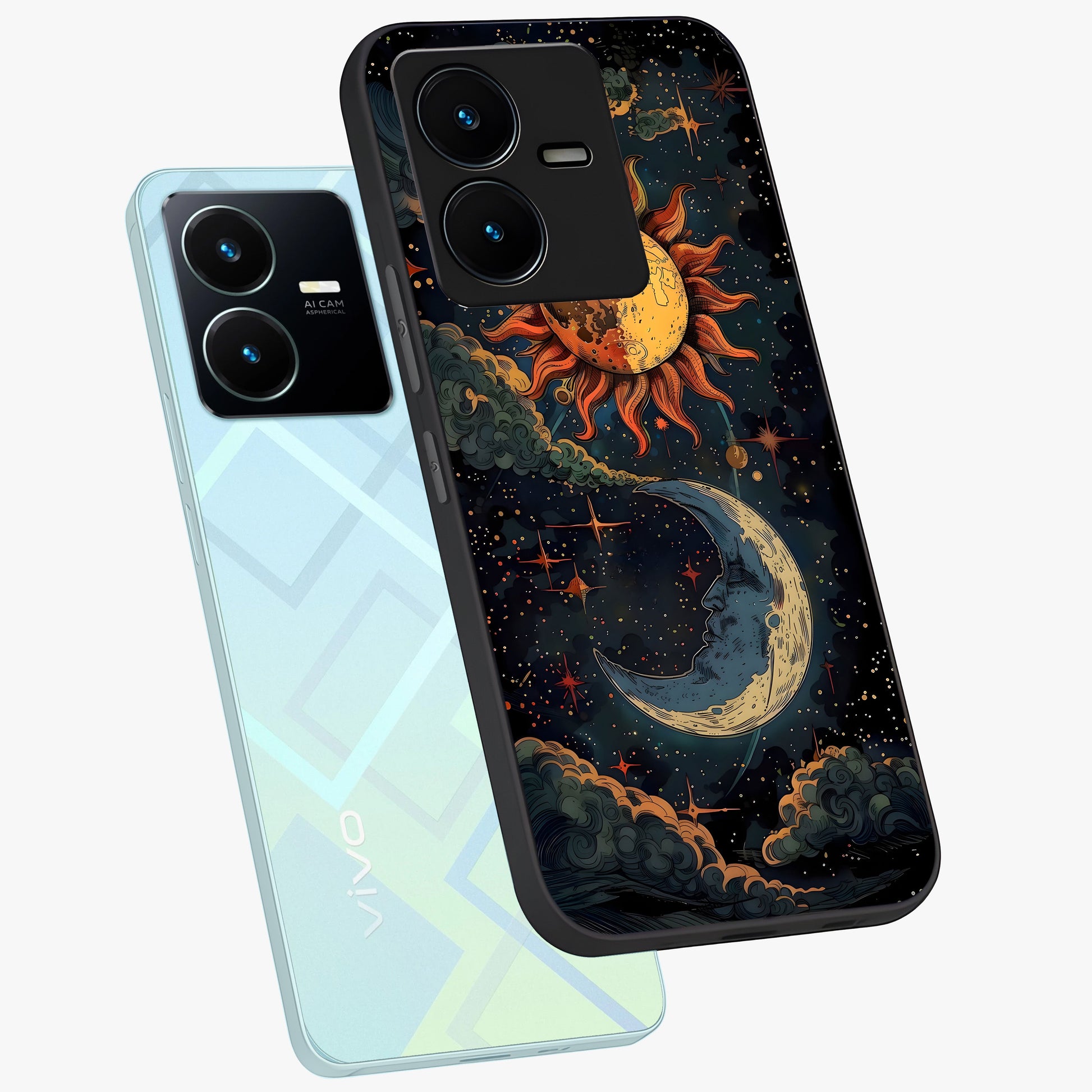 Sun And Moon Magic Design Glass Case displayed in angled mockup highlighting celestial design with magical cosmic aesthetic.