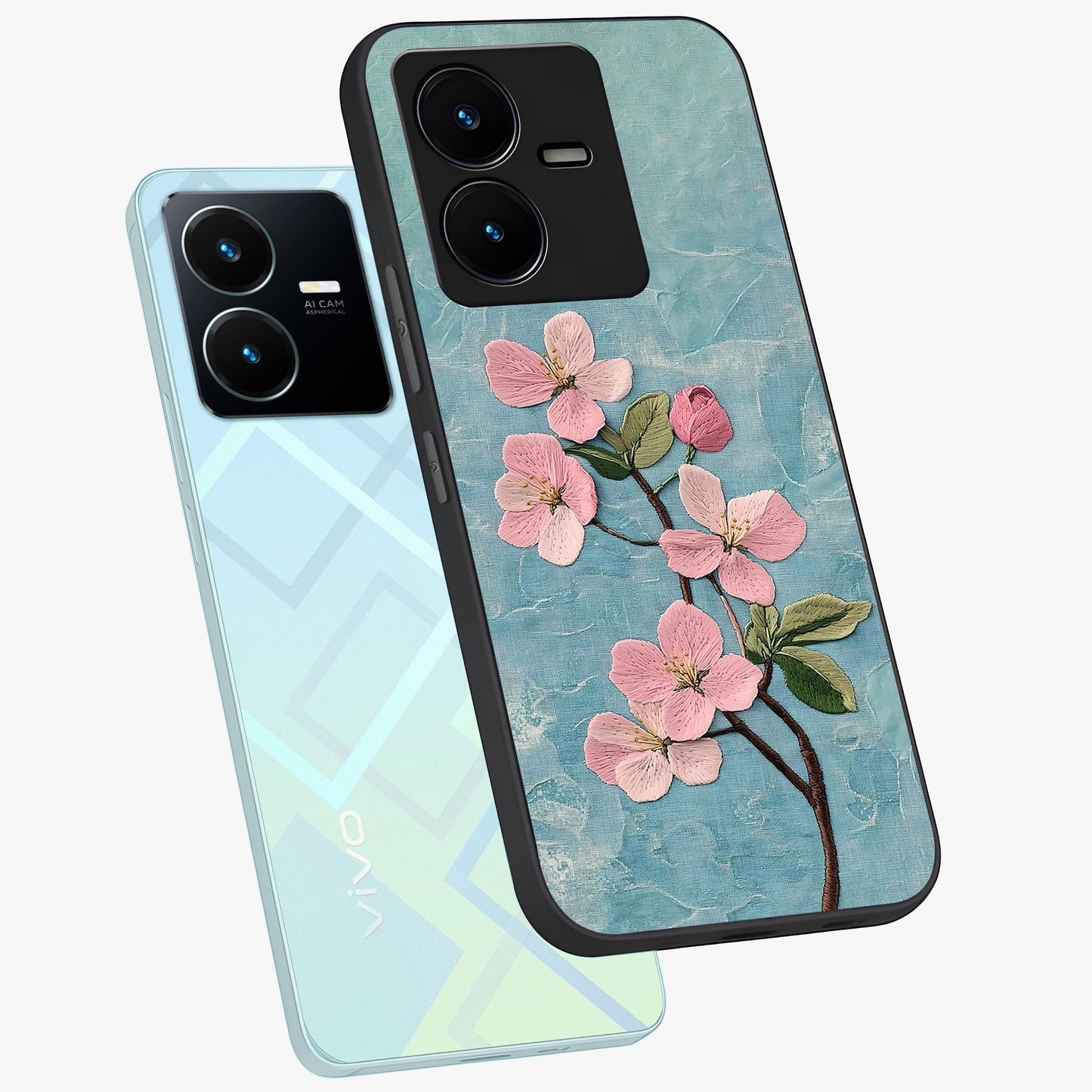 Threaded Blossom Breeze Glass Case displayed in angled mockup highlighting elegant floral design with soft aesthetic style.