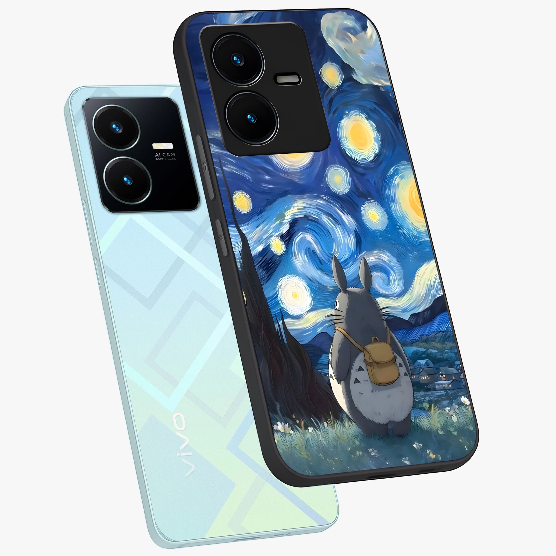 Totoro In Van Gogh Art Glass Case displayed in angled mockup highlighting artistic swirling sky design with playful animation aesthetic.