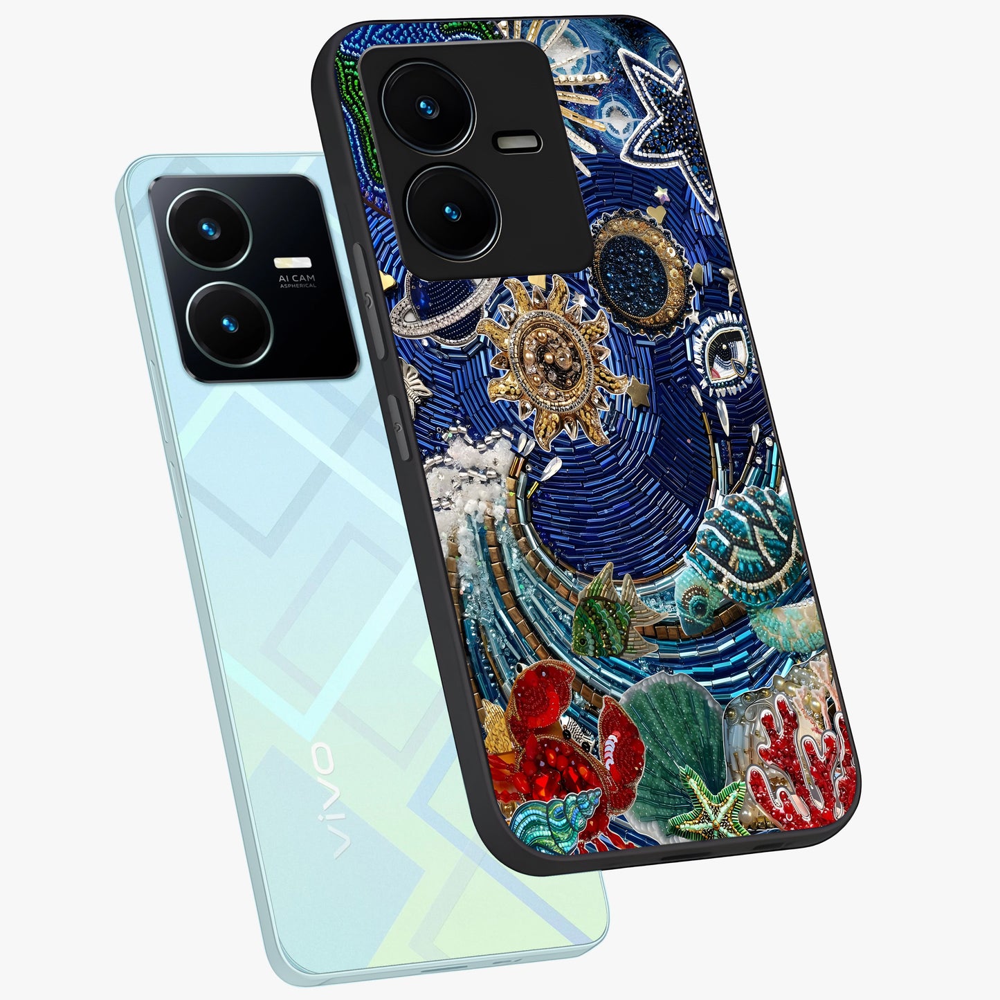 Universe Underwater Spark Glass Case displayed in angled mockup highlighting glowing aquatic design with celestial aesthetic.