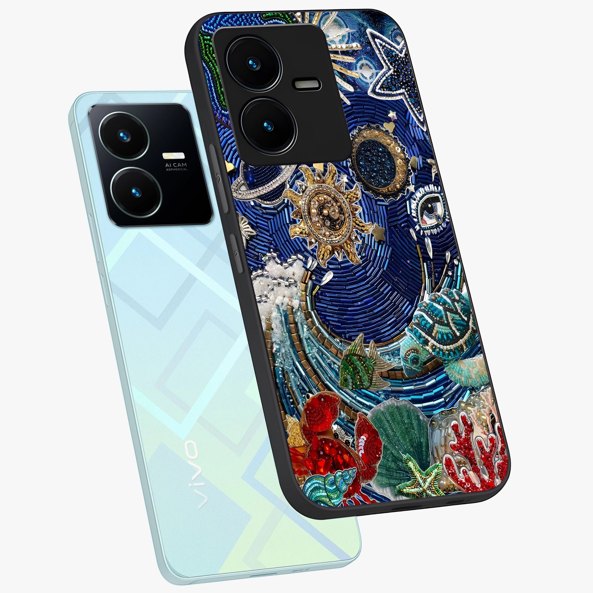 Universe Underwater Spark Glass Case displayed in angled mockup highlighting glowing aquatic design with celestial aesthetic.