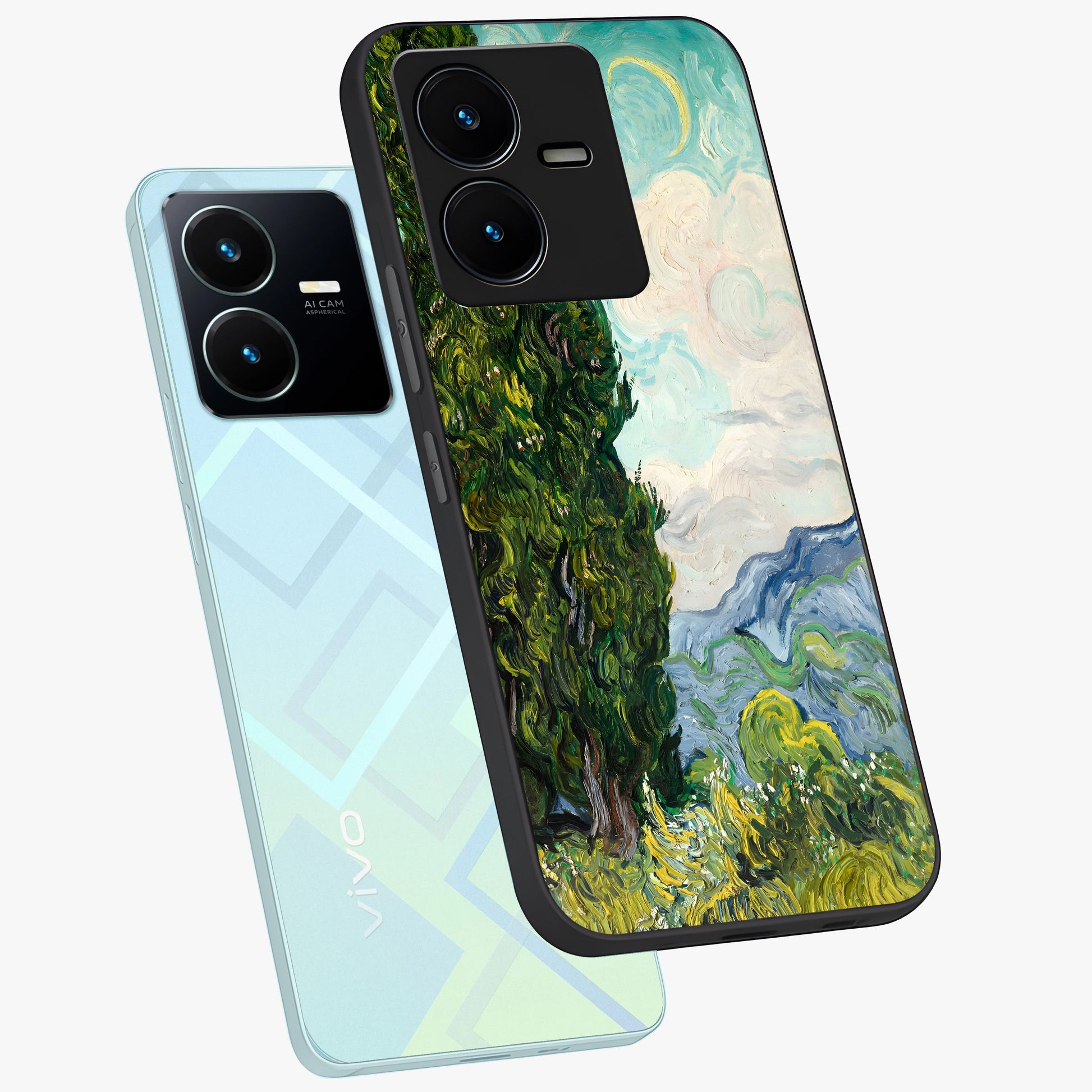 Van Gogh Vintage Art Glass Case displayed in angled mockup highlighting textured brushstroke design with classic aesthetic.