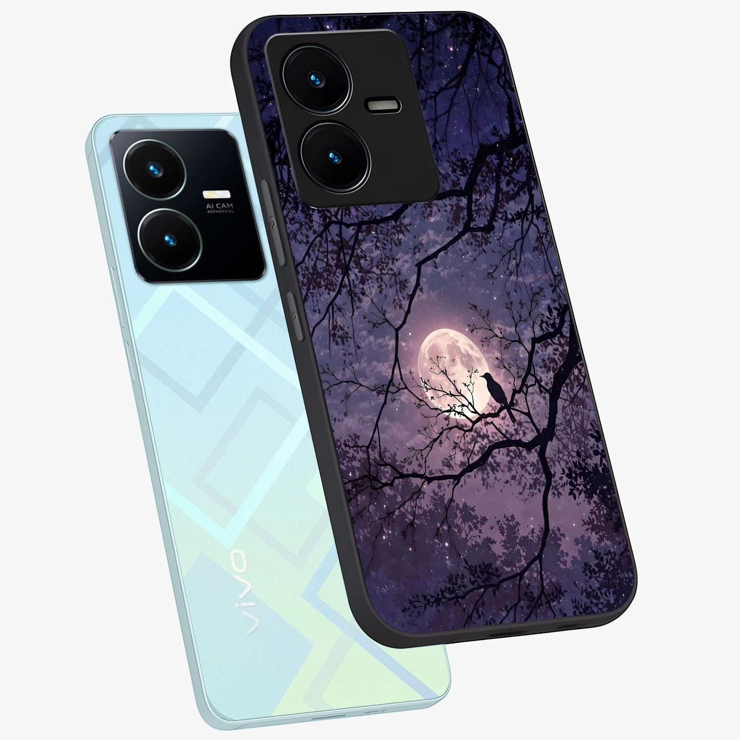 Whispering Moon Silence Glass Case displayed in angled mockup highlighting calm lunar design with dreamy night aesthetic.