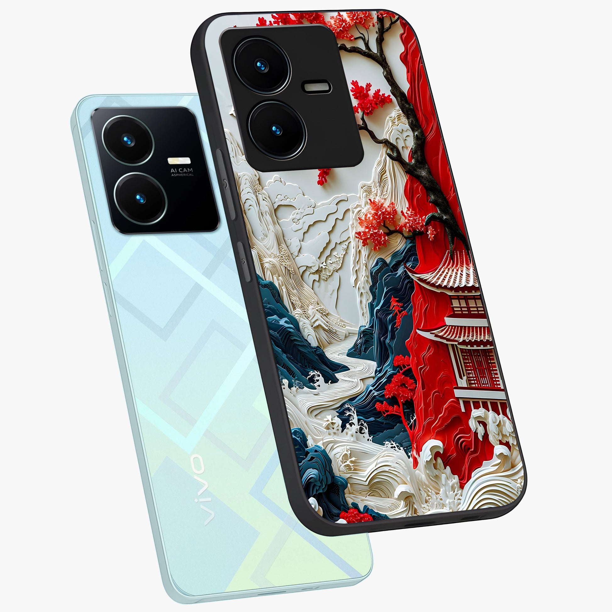 Whispers Of Sakura Waves Glass Case displayed in angled mockup highlighting flowing sakura design with soft floral aesthetic.