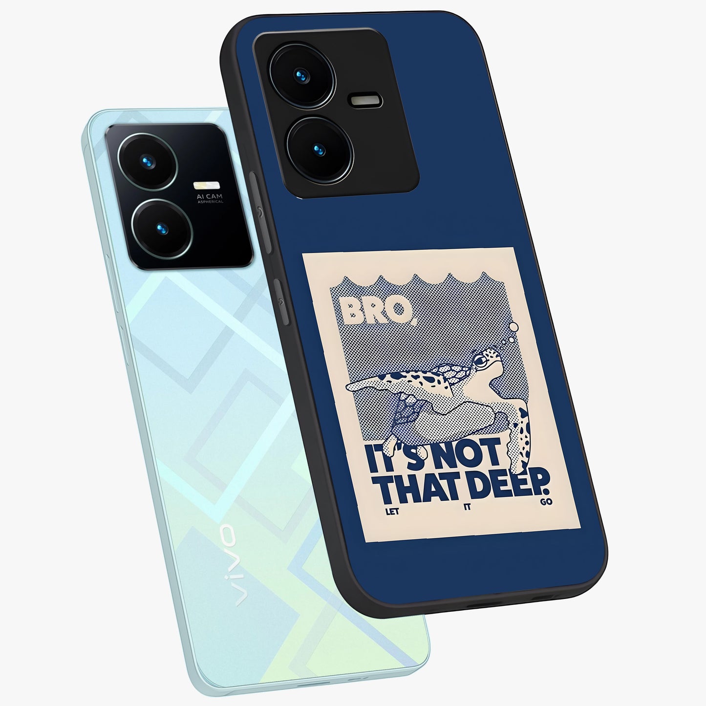 Worry Less Swim Glass Case displayed in angled mockup highlighting fun typography design with relaxed aesthetic style.