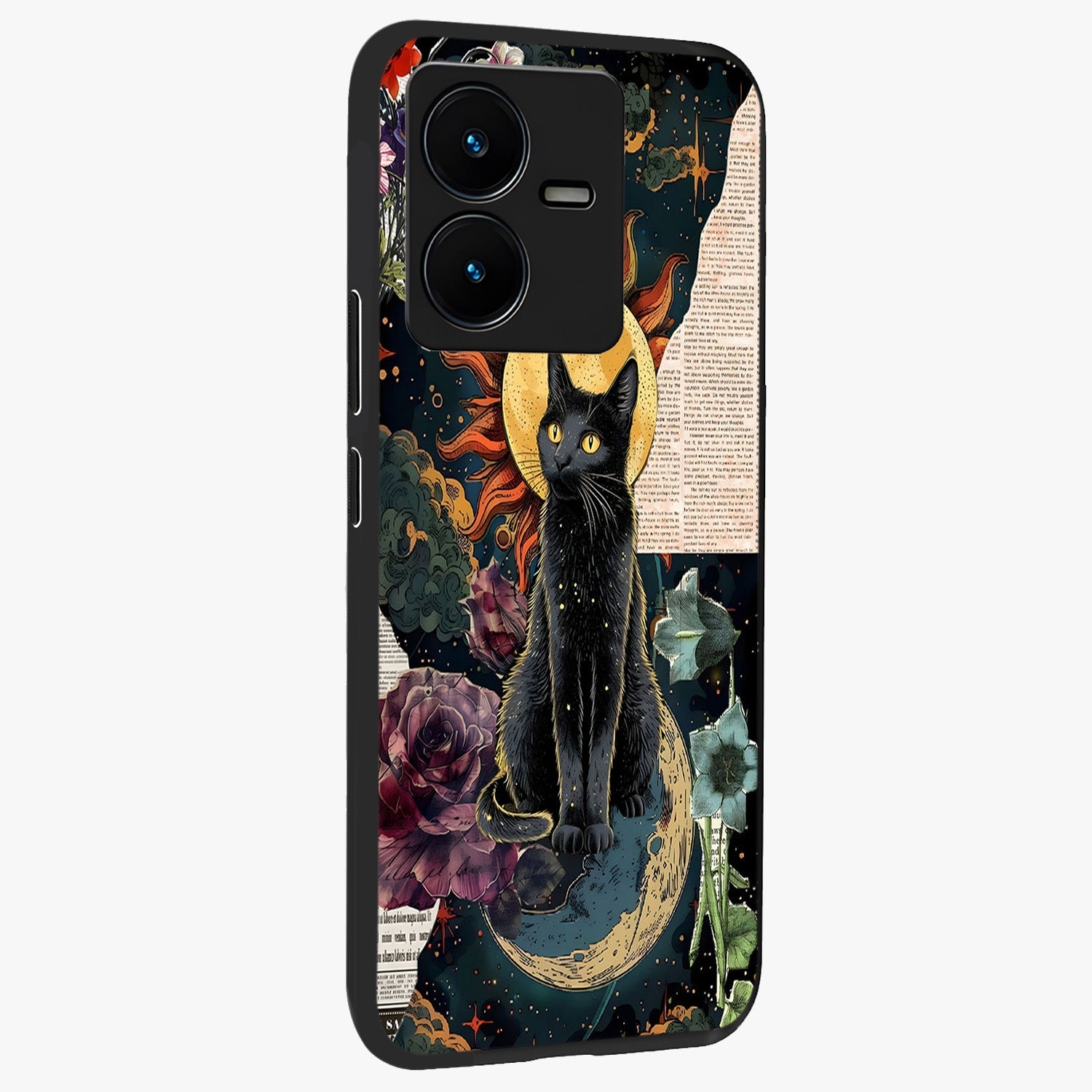 Celestial Black Cat Glass Case upright view showcasing magical black cat illustration with starry cosmic theme.