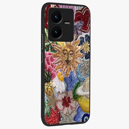 Celestial Floral and Playful Glass Case upright view showcasing whimsical floral artwork with cosmic aesthetic theme.