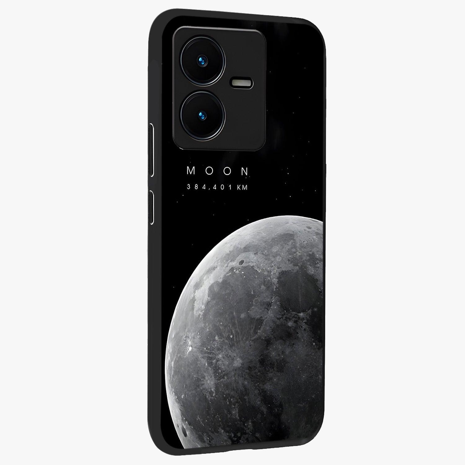 Cosmic Moon Glow Glass Case upright view showcasing luminous moon illustration with dreamy cosmic style.