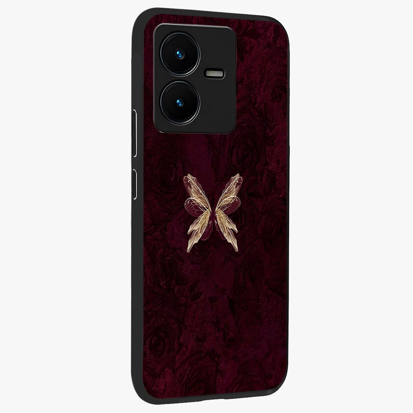 Crimson Fade Butterfly Glass Case upright view showcasing graceful butterfly artwork with soft crimson fade effect.