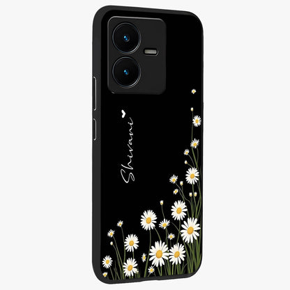 Daisy Cascade Custom Name Glass Case upright view showcasing elegant floral cascade design with personalized aesthetic.