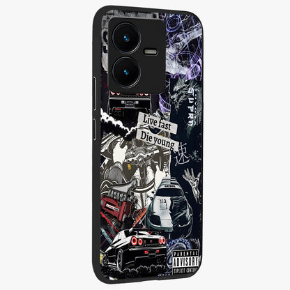 Die Young Glass Case upright view showcasing striking typography artwork with modern statement theme.