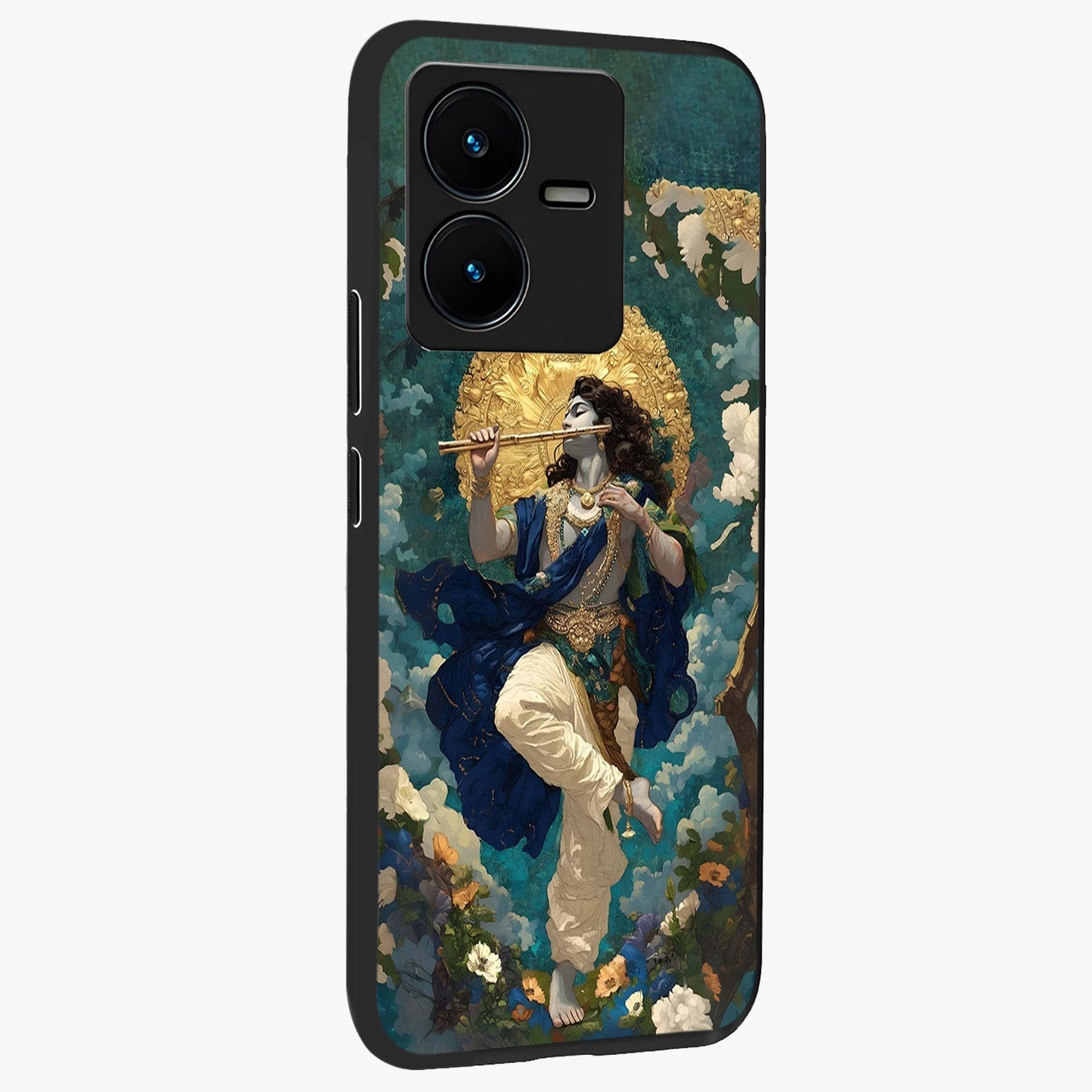Divine Krishna Art Glass Case upright view showcasing divine Krishna artwork with sacred artistic theme.
