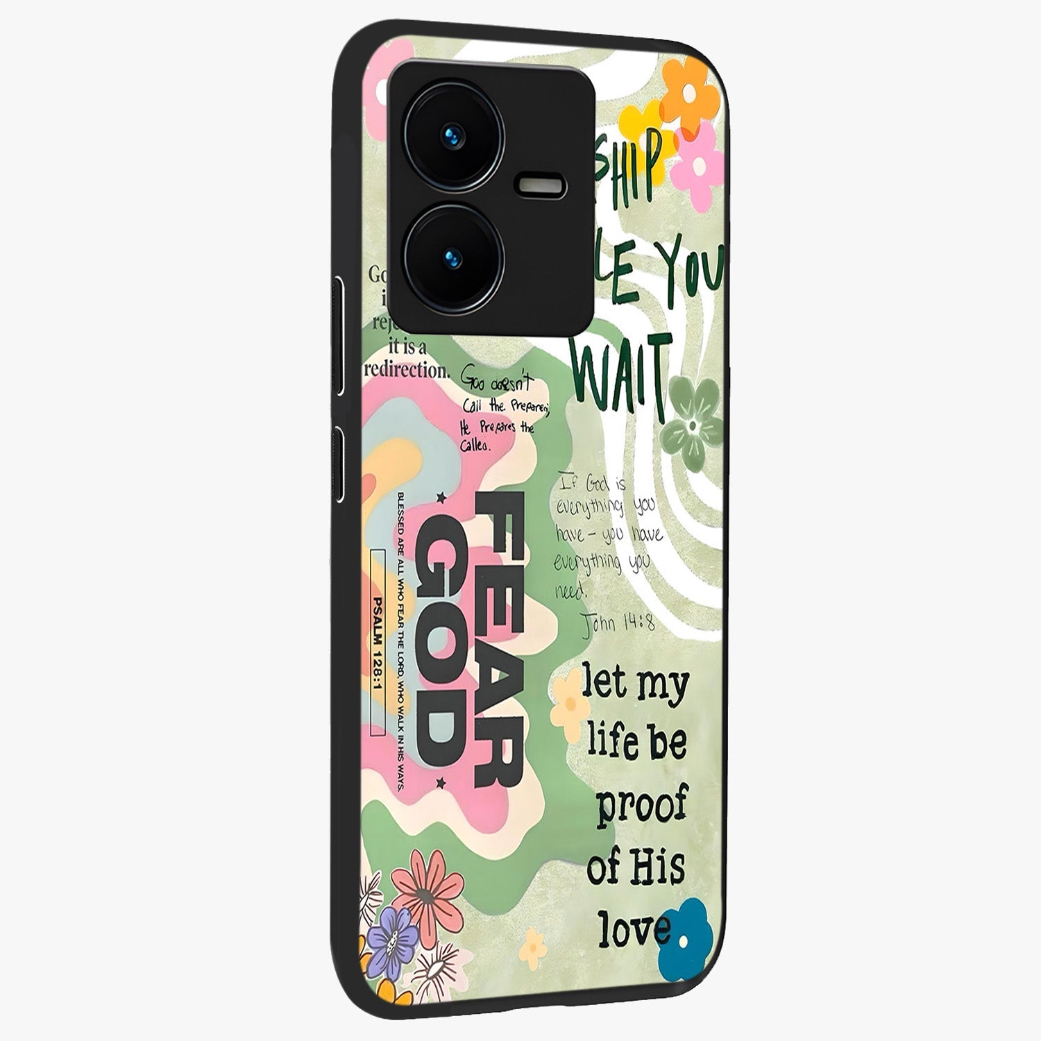 Faith Over Fear Glass Case upright view showcasing bold typography artwork with uplifting motivational theme.