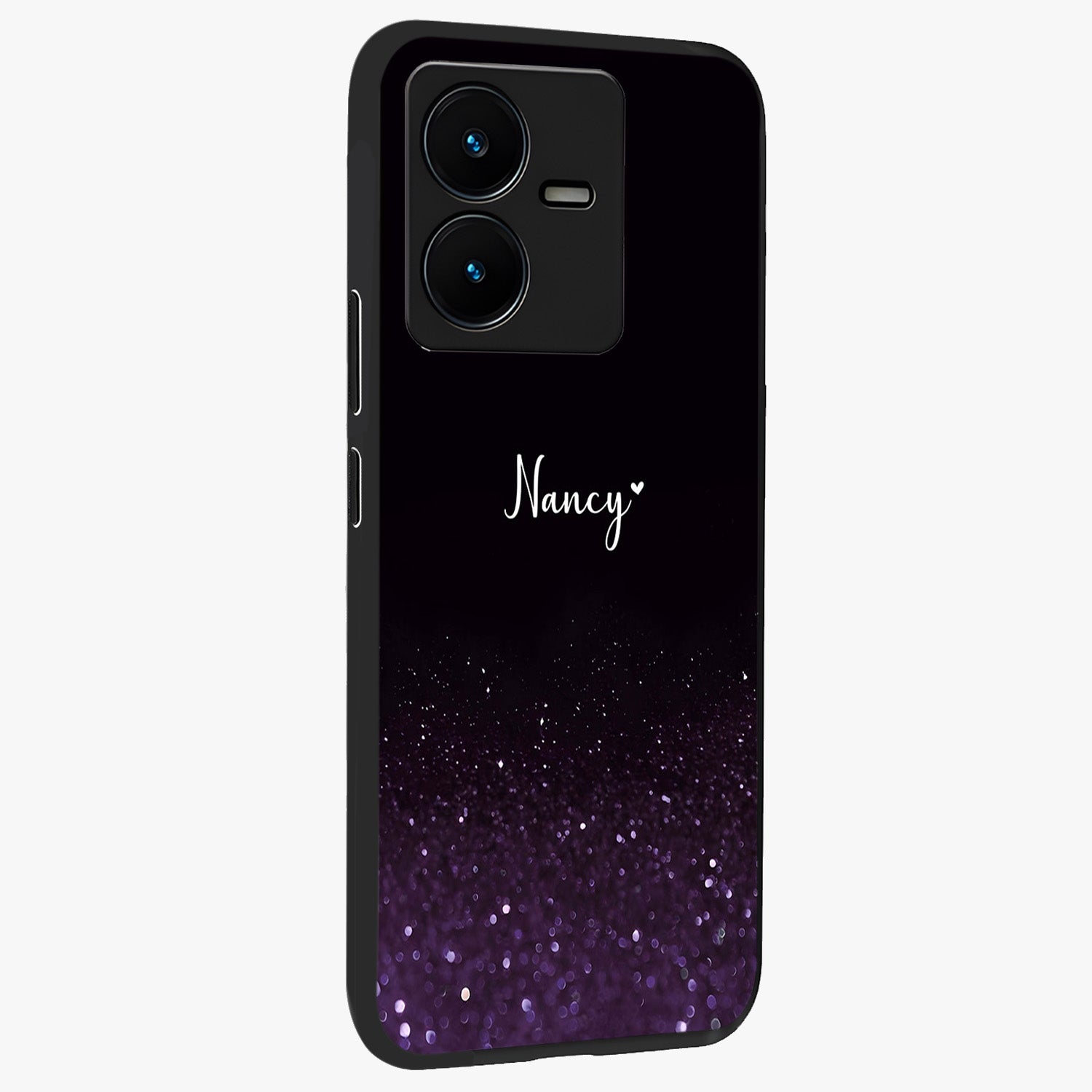 Glittery Purple Bokeh Custom Name Glass Case upright view showcasing vibrant purple sparkle artwork with personalized aesthetic style.