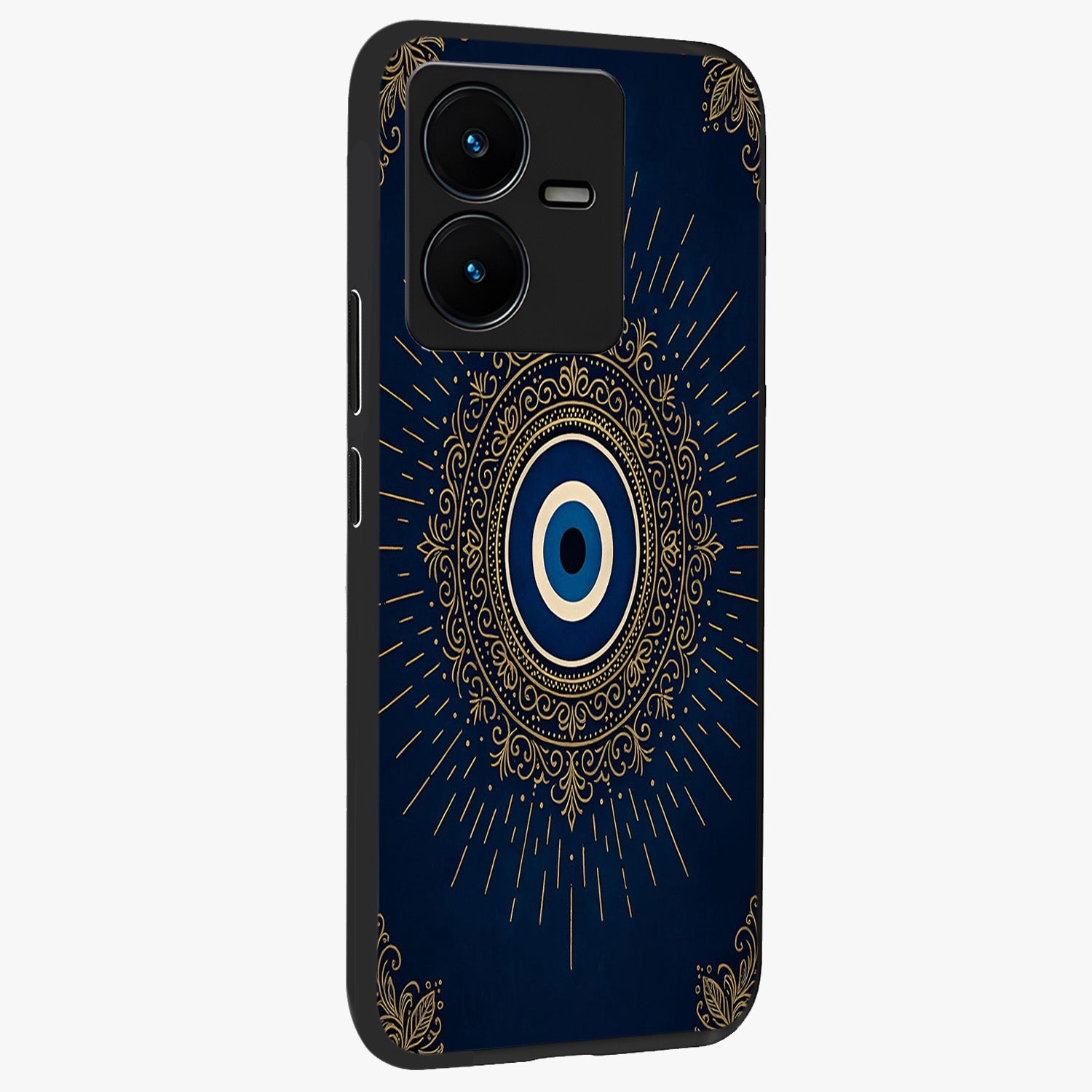 Golden Celestial Charm Glass Case upright view showcasing radiant celestial artwork with elegant golden theme.