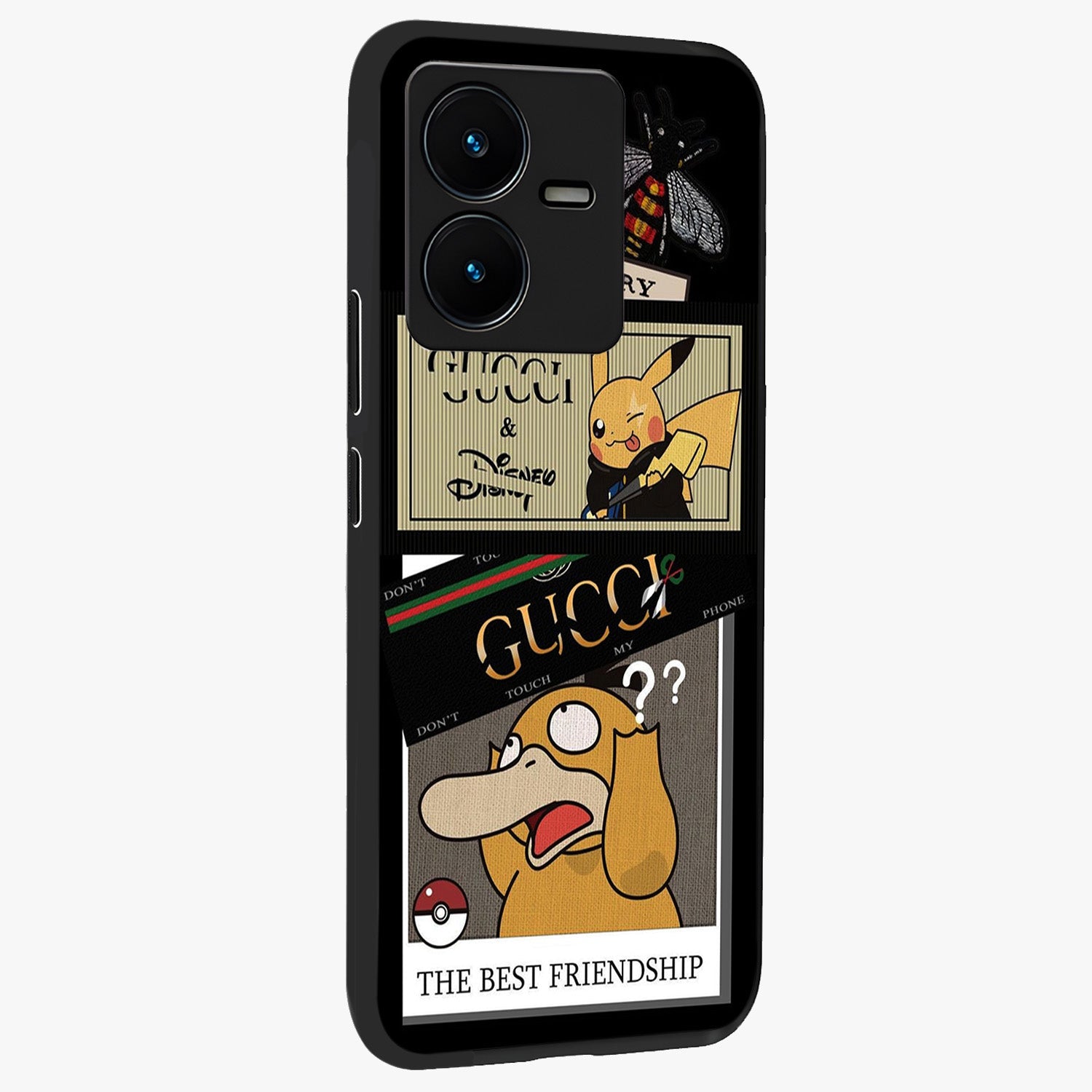 Gucci Play Mashup Glass Case upright view showcasing trendy luxury inspired artwork with modern fashion theme.