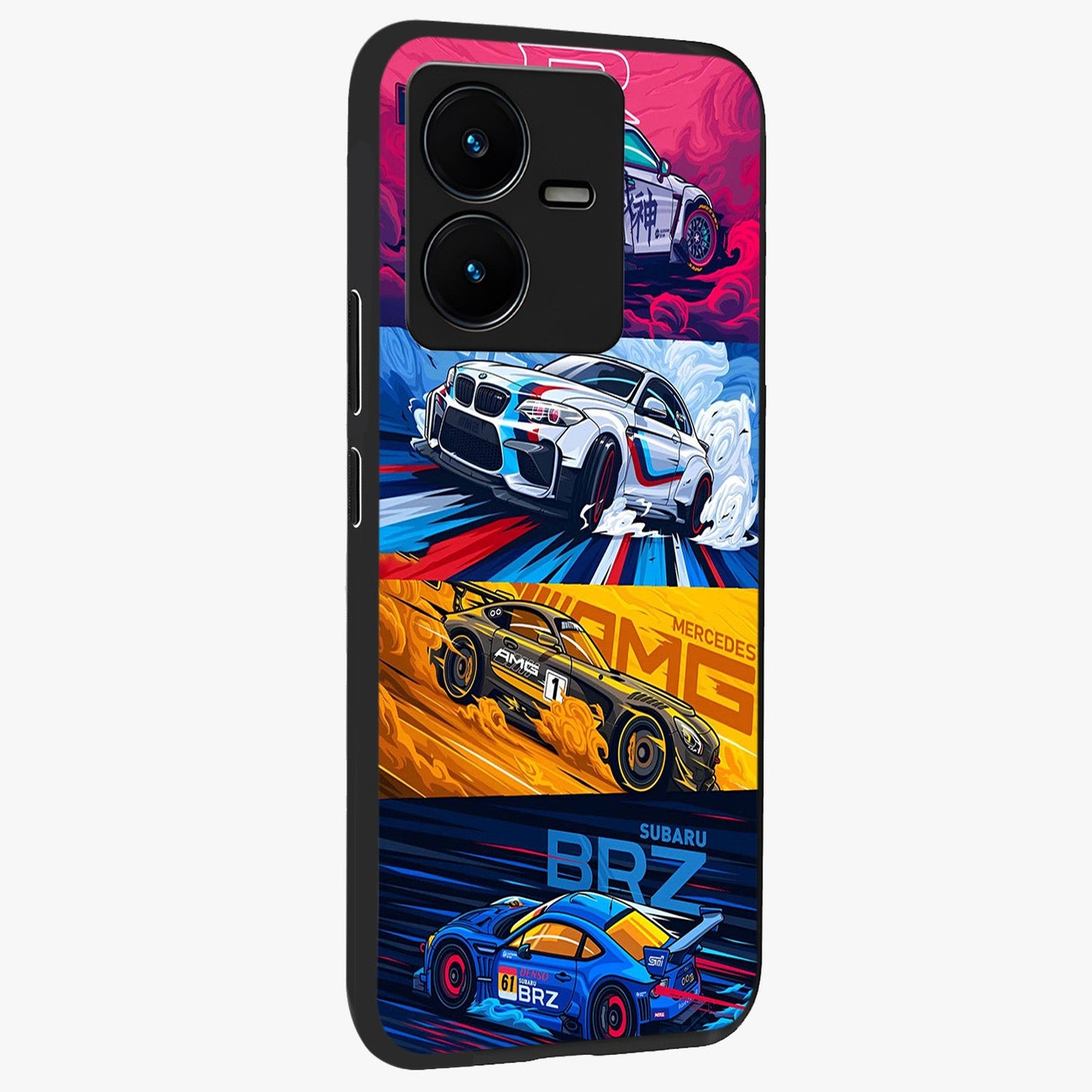 JDM Sports Car Glass Case upright view showcasing dynamic sports car artwork with bold racing theme.