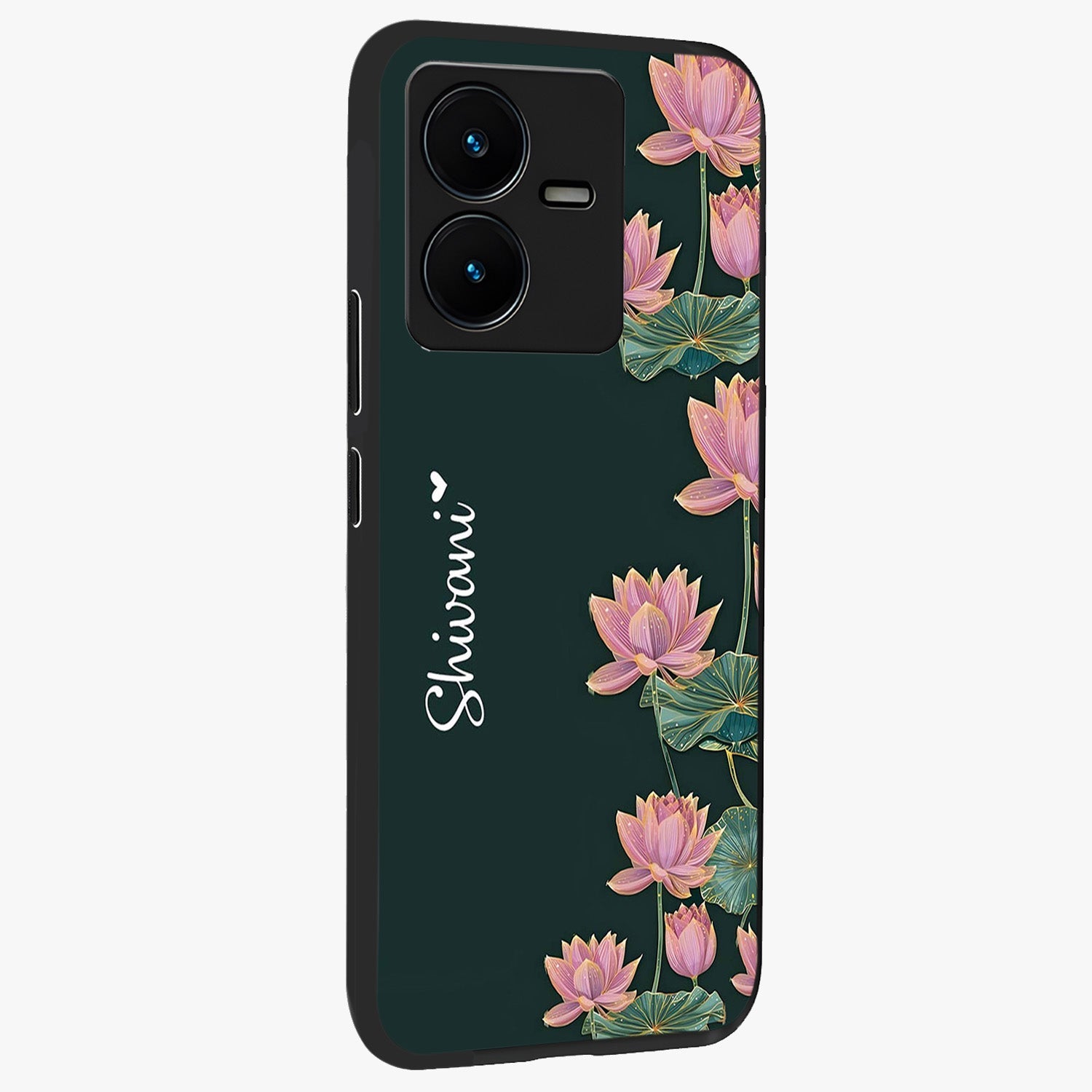 Lotus Bloom Serenity Custom Name Glass Case upright view showcasing serene lotus bloom artwork with personalized floral aesthetic.