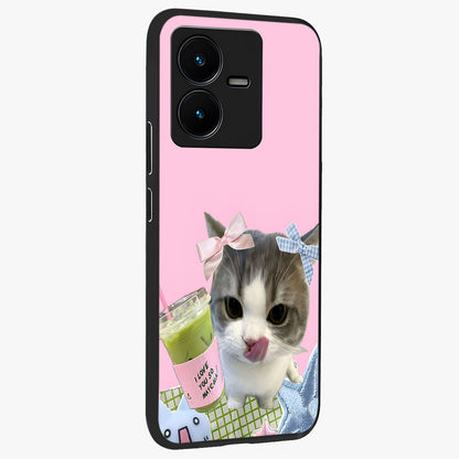 Love Matcha Cat Glass Case upright view showcasing adorable cat artwork with charming matcha themed design.