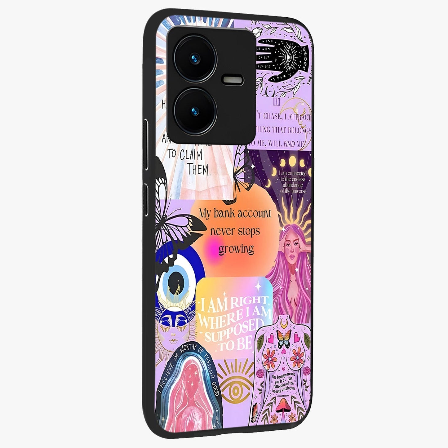 Manifestation Collage Glass Case upright view showcasing artistic manifestation themed artwork with creative style.