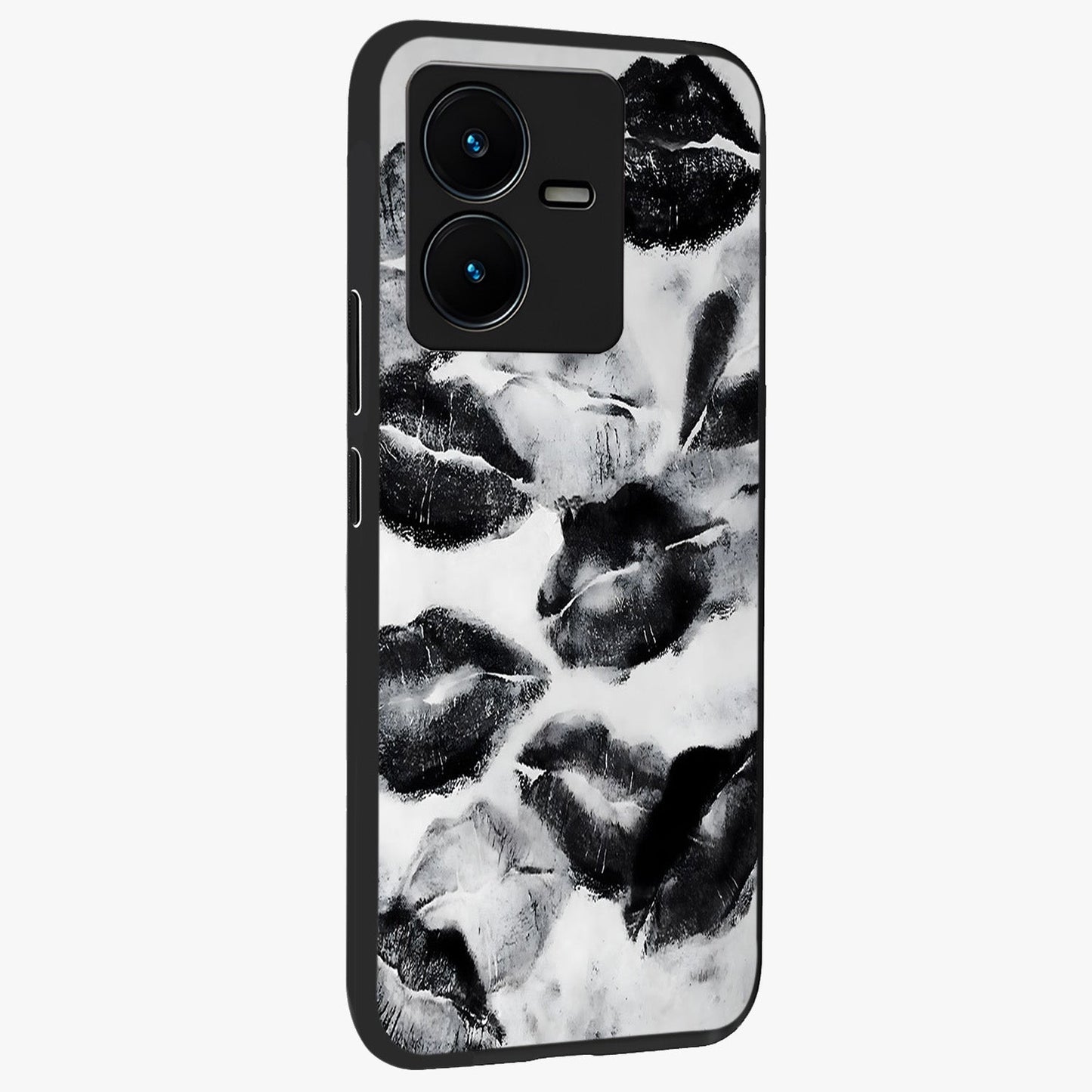 Midnight Kiss Marks Glass Case upright view showcasing stylish kiss mark artwork with trendy romantic theme.