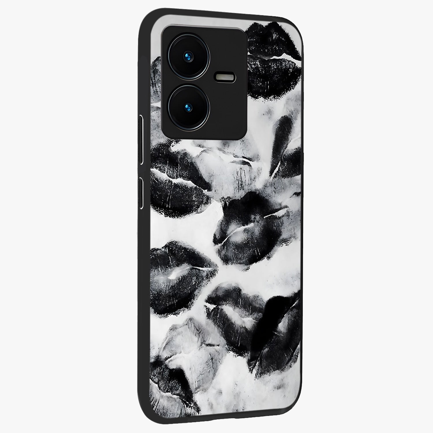 Midnight Kiss Marks Glass Case upright view showcasing stylish kiss mark artwork with trendy romantic theme.