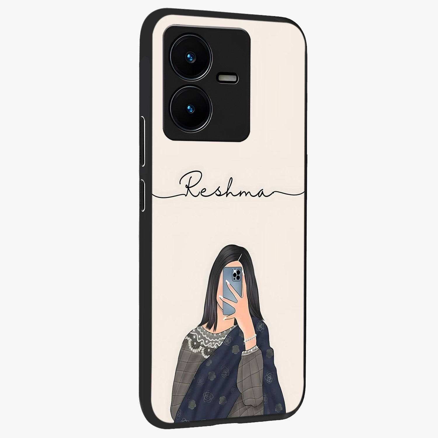 Mirror Mood Muse With Custom Name Glass Case upright view showcasing artistic mirror themed artwork with personalized aesthetic.