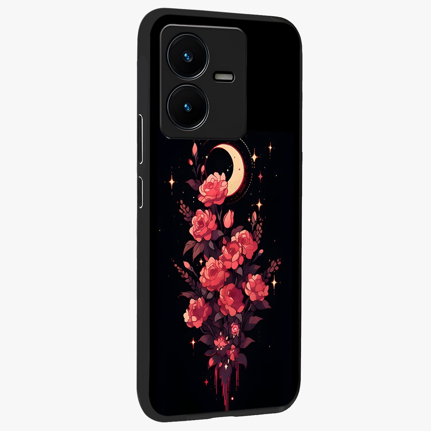 Moonlit Floral Elegance Glass Case upright view showcasing delicate floral artwork with refined night inspired theme.