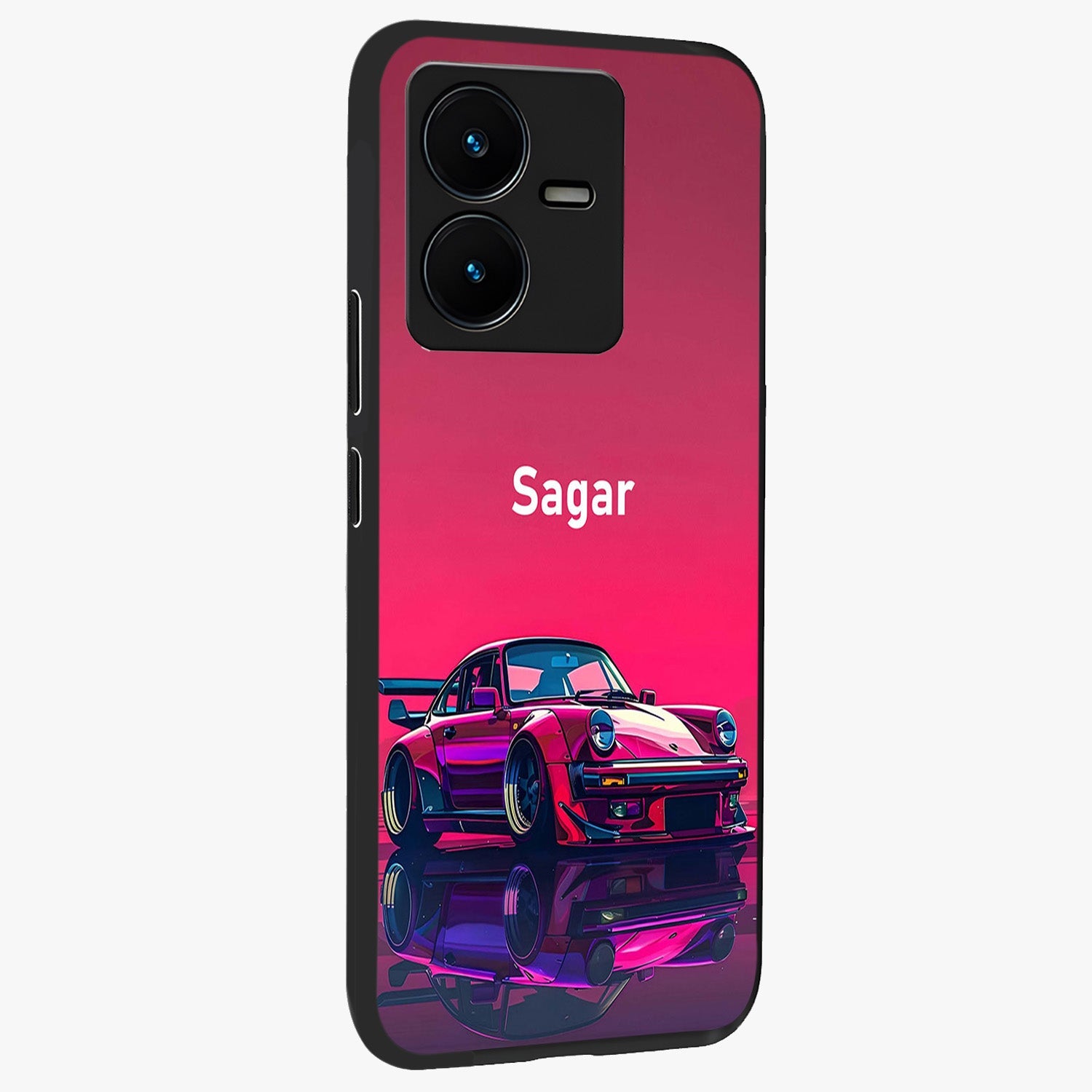 Neon Pink Porsche Glass Case upright view showcasing vibrant sports car artwork with bold automotive theme.