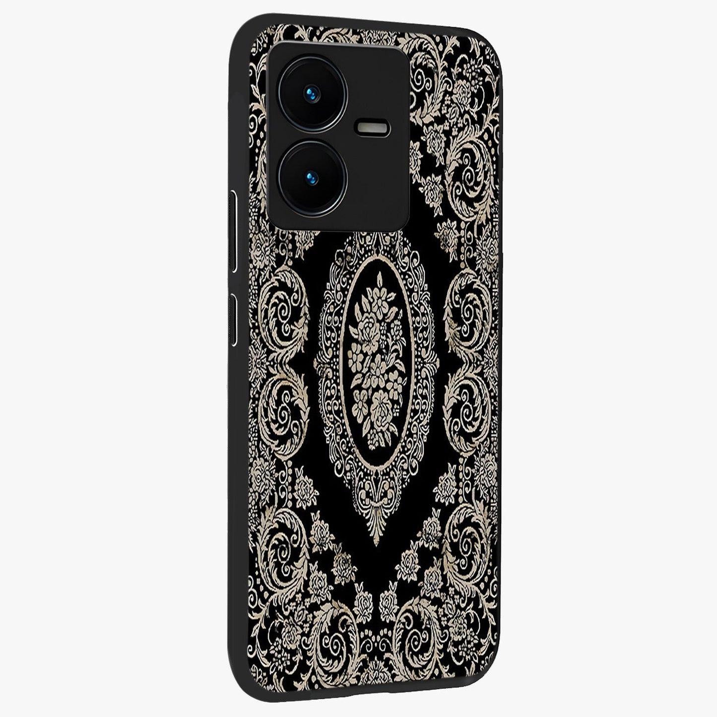 Noir Bloom Elegance Glass Case upright view showcasing graceful floral artwork with luxurious dark theme.